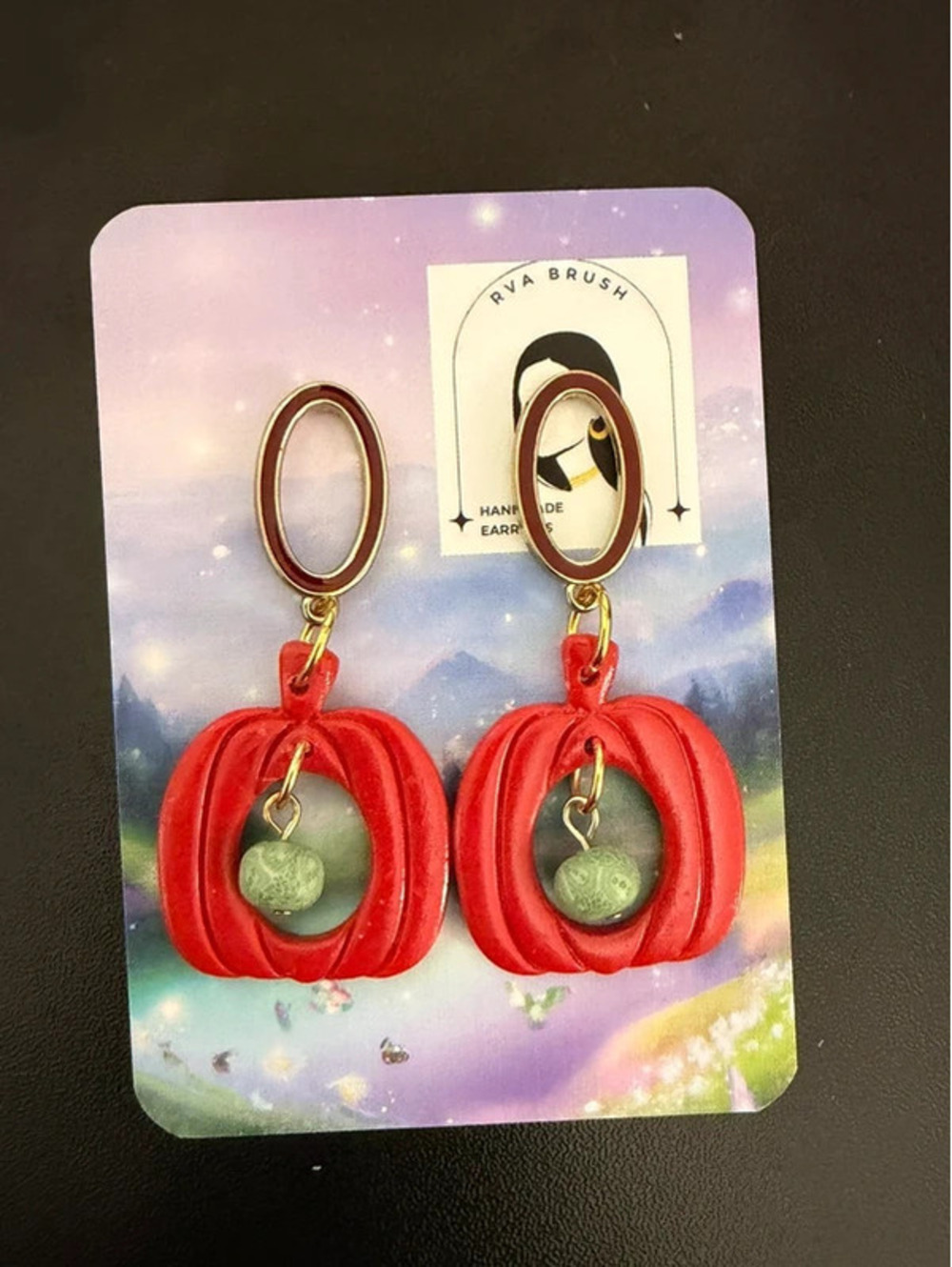 Red Pumpkin Dangle Earrings with Green Beads
